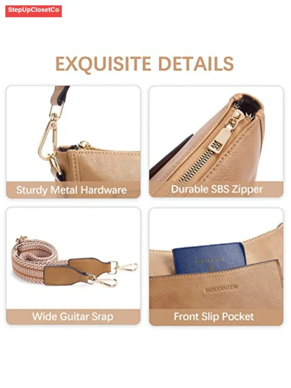 Women's Vegan Leather Crossbody Hobo Bag with Guitar Strap & Multiple Pockets